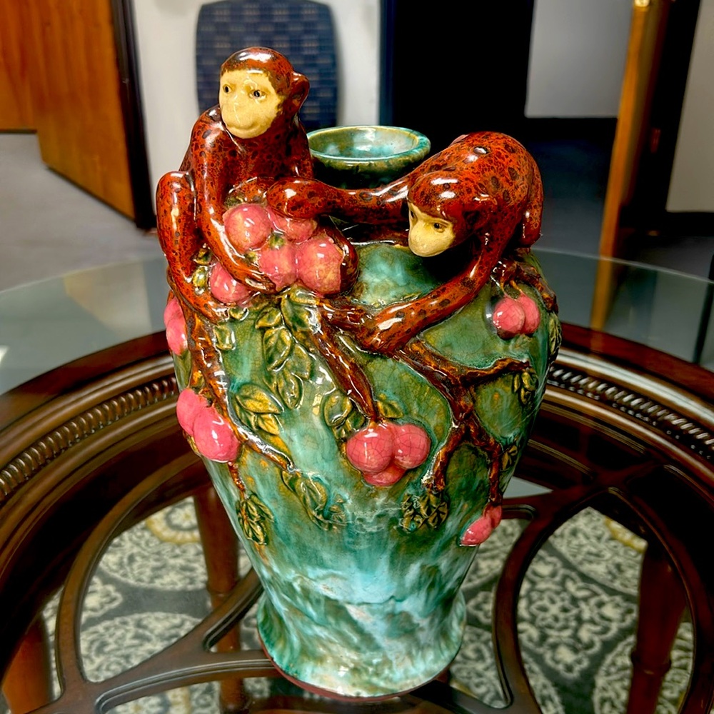 Vintage Majolica vase, monkeys, and peaches green glaze